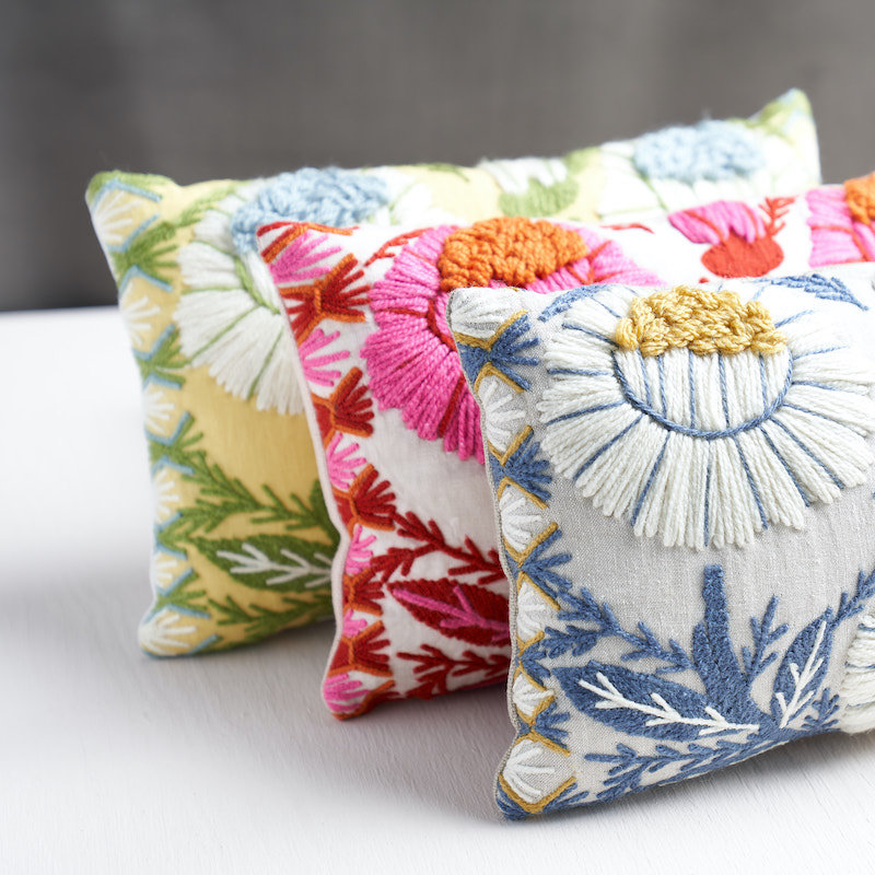 Marguerite Embroidery Pillow B, Blue/Ochre
