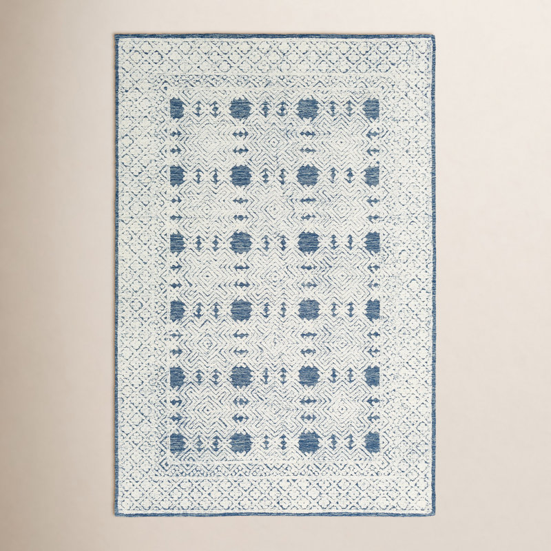 Tapis bleu marine / crème / bleu glace en laine touffeté à la main Matthew, Rectangle 8 pi x 10 pi