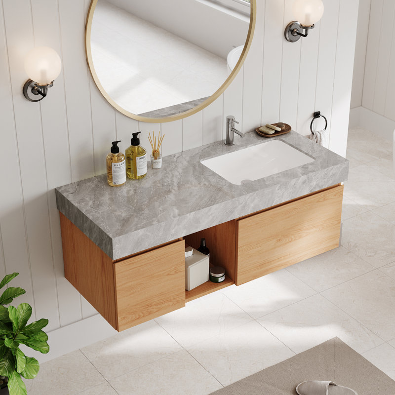 Meuble-lavabo simple 48 po Loubertha, plateau de table en faux marbre brillant, meubles-lavabos flottants modernes, Gray