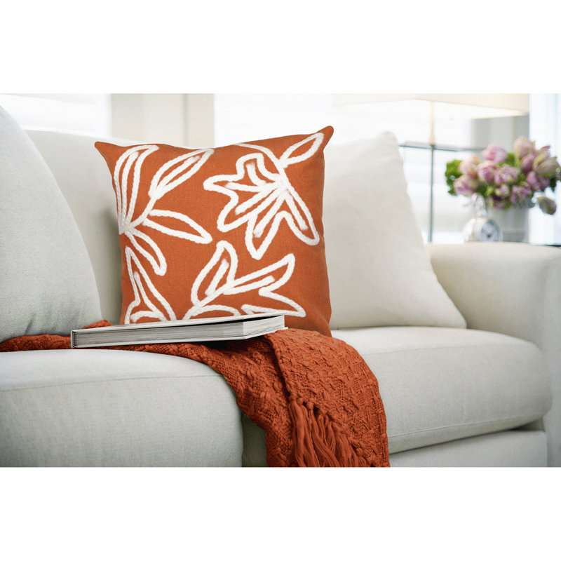 Orange Embroidered Round Polyester Indoor/Outdoor Pillow