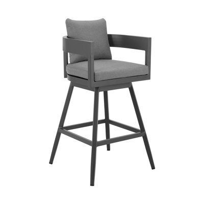 Volker Outdoor Patio Swivel Counter Stool In Aluminum With Gray Cushions - Set Of 4