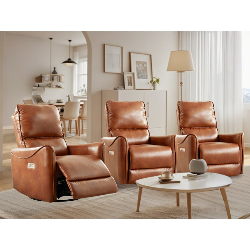 Hjalti Breathable Leather Swivel And Rocker Power Recliner Chair With Usb Port Set Of 3, Caramel