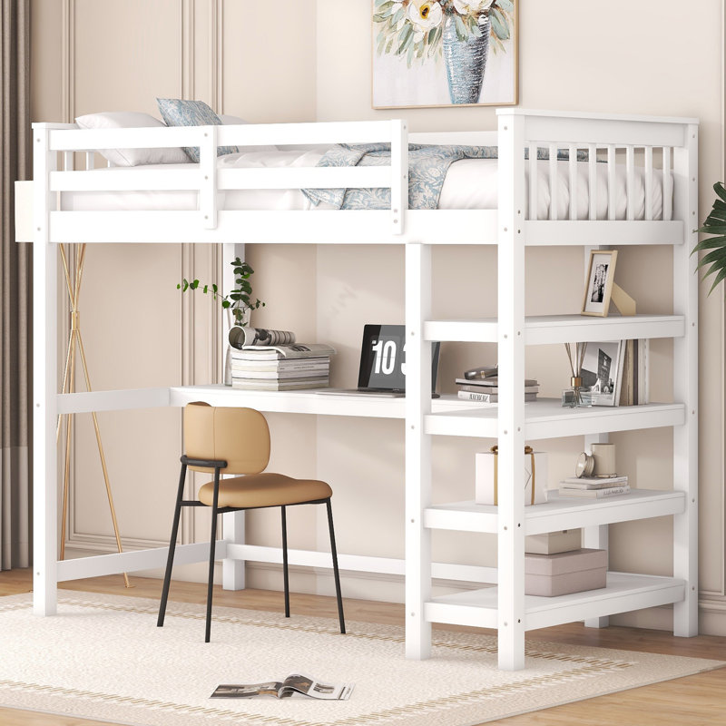 Lit mezzanine avec bureau intégré et tablettes, Simple, Blanc