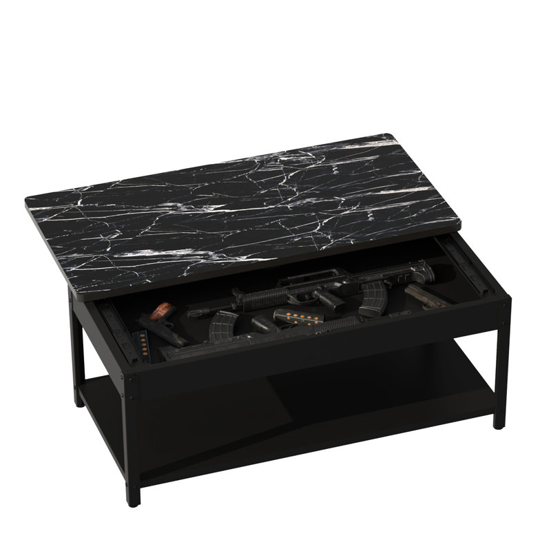 Table basse rectangulaire double couche avec compartiment de rangement caché et verrou d'empreintes digitales, marbre noir et blanc, convient aux résidences d'appartements, objets de rangement multifonctionnels, laminé à froid