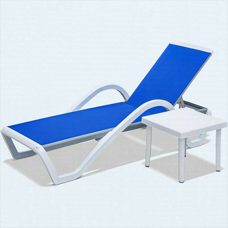Chaise longue de patio en aluminium textilène bleu avec accoudoirs à 5 positions + table pour l'extérieur