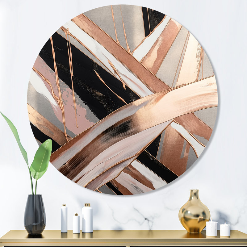 «Metallic Stripes And Circles II», art mural rond abstrait en marbre sur métal, H 36 po x l 36 po x P 1 po