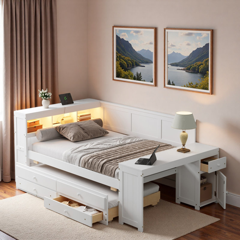 Modern Daybed With Storage Shelves, Drawers, Trundle, Charging Station, Led Light, Desk And Cabinet, White