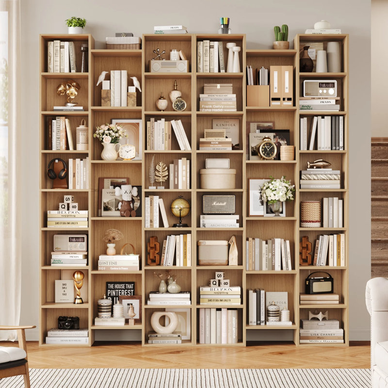📖✨ 2-Pack 8-Tier Bookcase Set, 21-Cube Storage Bookshelves Unit With Adjustable & Removable Shelves, Natural