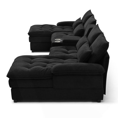 130 Inch U-shaped Sofa with Console, Cupholders, USB, 6-Seat Upholstered Primary Living Space Furniture, Sleeper Couch Set for Modern Homes