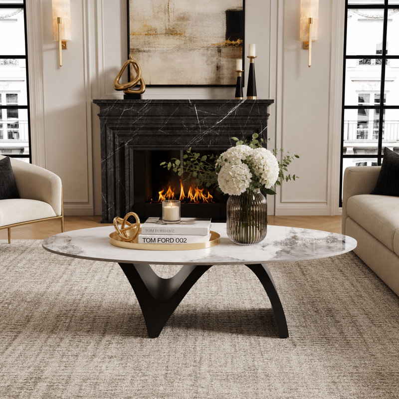 Table basse ovale moderne de 51 po, plateau en pierre frittée brillante avec base en acier en forme de N