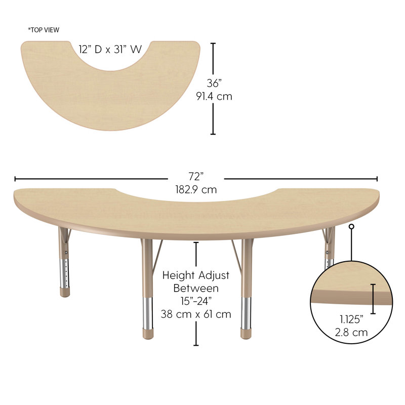 Table d'activité demi-lune 36 "x 72" avec pieds réglables, Érable / sable, Épais
