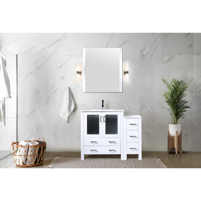 42 po Meuble-lavabo blanc avec armoire latérale, comptoir en céramique, robinet, miroir 28 et protection contre les égratignures en blanc