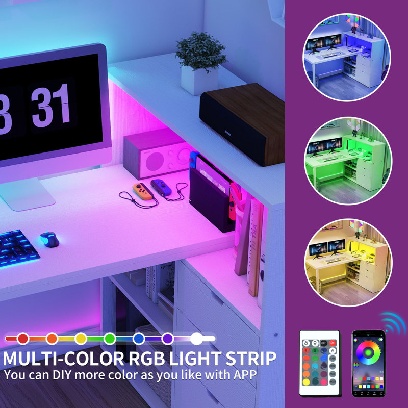 Broly 55.1'' L-Shape Computer Desk with Colorful LED Light and Built-In Outlets, White