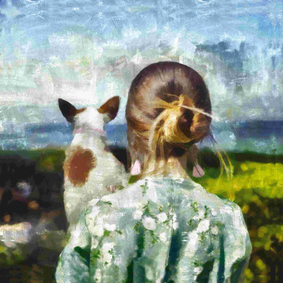 Paysage avec femme et chien - peinture sur toile tendue