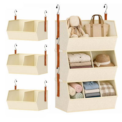 Très grande étagère à vêtements suspendue en tissu à 3 niveaux avec séparateurs pour dortoir pour chambre à coucher, système de rangement pliable, beige