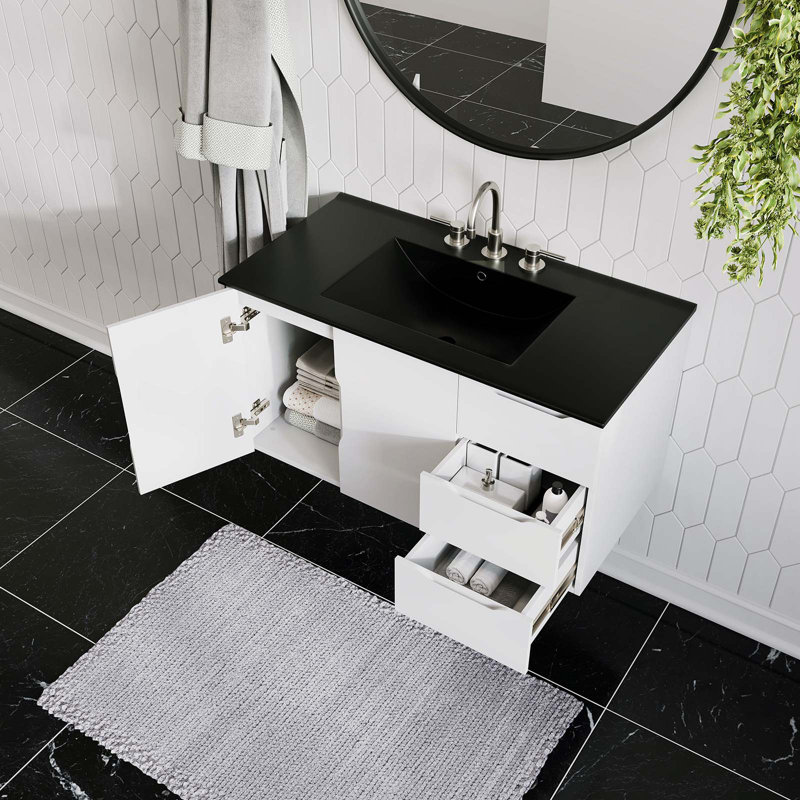36'' Wall Mounted Single Bathroom Vanity with Ceramic Vanity Top, Black, White