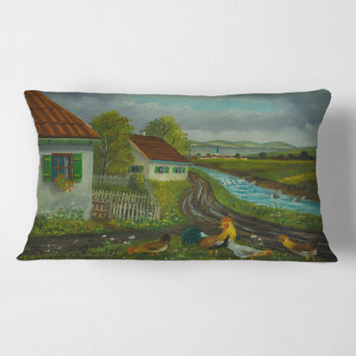 Three Chickens and a Cock in a Meadow with Flowers Rectangular Pillow Cover & Insert