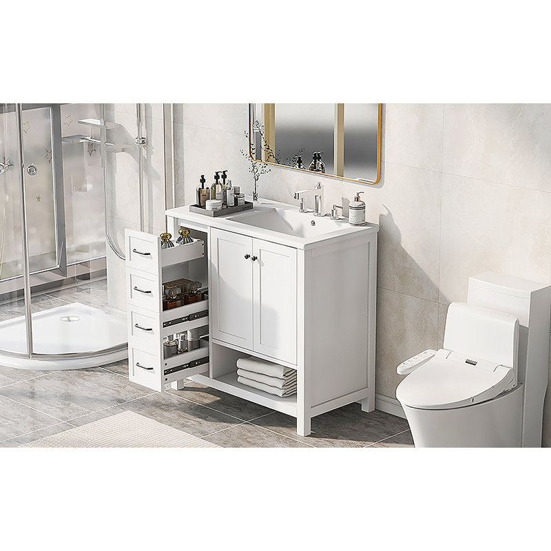 Meuble-lavabo avec comptoir d'évier, armoire de salle de bain avec tablette ouverte, deux portes et deux tiroirs, Blanc