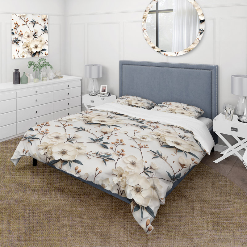 Ensemble de housse de couette White Poppies Floral Tranquility II - Floral, Housse de couette pour très grand lit et 2 très