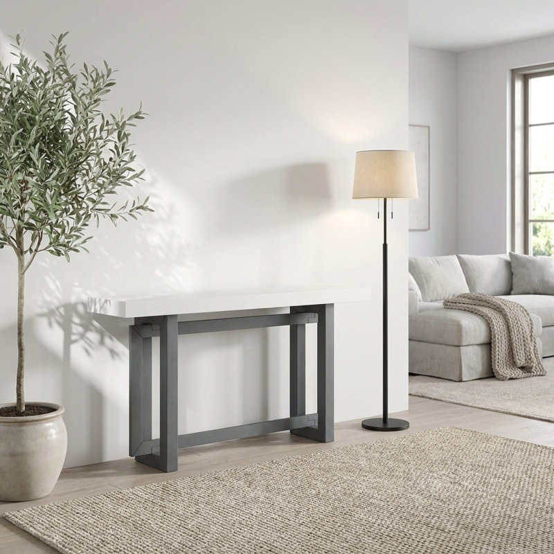 Extra Long Painted Entryway Console Table with Pine Veneer, Unique Triple Rectangle Design Accent Table with Thick Solid Wood Legs