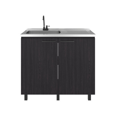 Évier utilitaire complet avec robinet Napoles, base autoportante avec pieds et cuve en acier inoxydable profond, évier polyvalent moderne pour la cuisine, la buanderie ou la buanderie, noir et noyer foncé