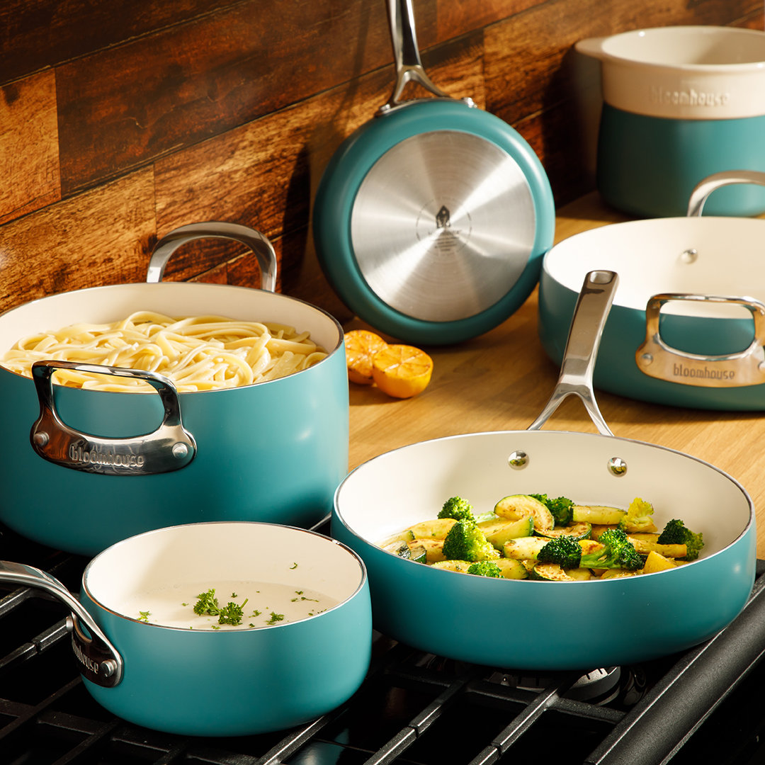 12-Piece Non-Stick Aluminum Cookware Set, Agave Blue