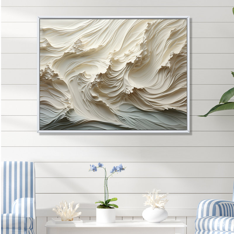 «White and Blue Wave Papercut Style II» - art mural vagues côtières, H 34 po x l 44 po x P 1,5 po, Cadre flottant blanc