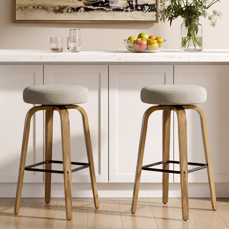 Tabouret de bar pivotant sans dossier H 30,3 po avec pieds en bois courbé, Marron clair