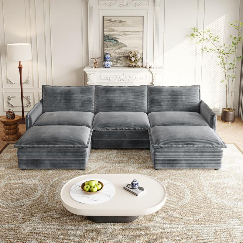 109'' Upholstered Sectional Sofa with Ottoman, Gray