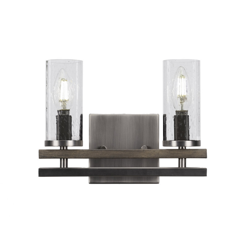Belmont 2 Light Bath Bar Shown In Painted Distressed Wood-look Metal & Graphite Finish With 2.5” Clear Bubble Glass
