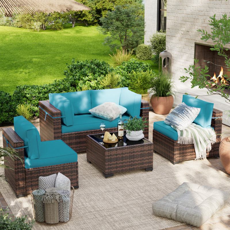 Wicker 4 - Person Modular Patio Conversation Set with Cushions, Light Blue