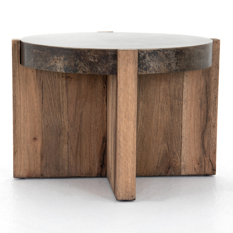 Round Black and Brown Wood Metal Side Table