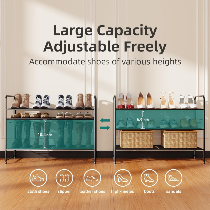 33'' Wide 3-Tier Metal Shoe Rack Shelf for Closet Stackable and Adjustable, Black