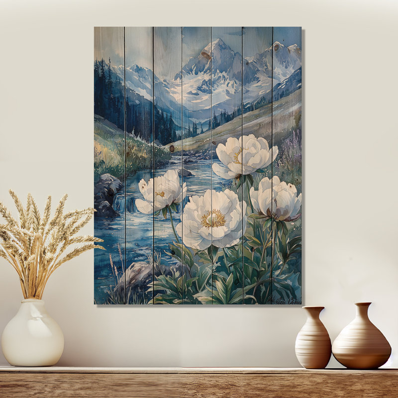 White Peonies And The Glacial Waters III - Peonies Wood Wall Art - On Natural Pine Wood, 32" H x 24" W x 0.78" D