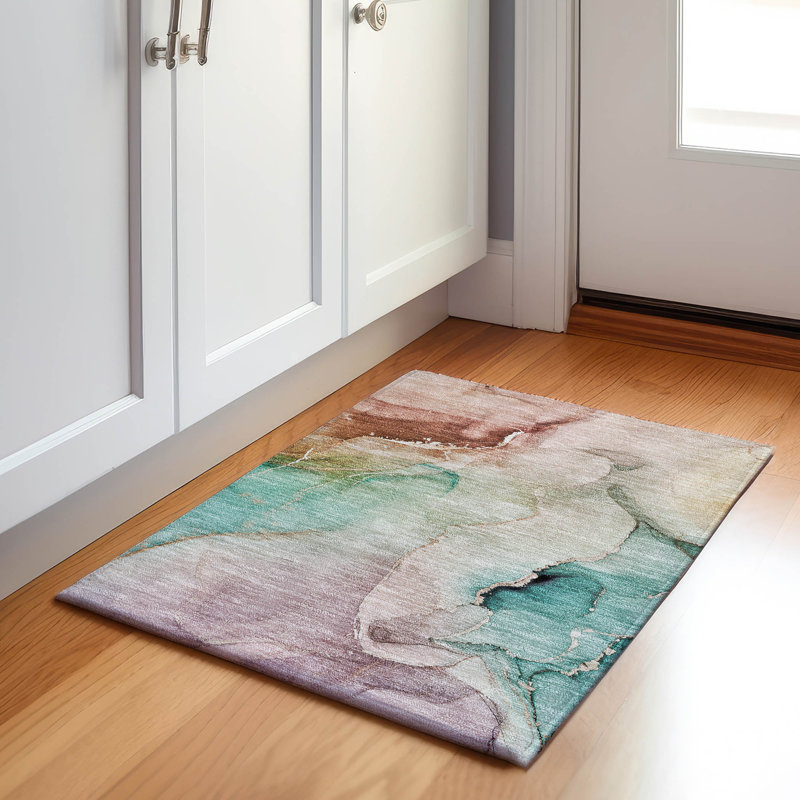 Premium Machine Washable Cerrito AMF521 Teal Rug, Rectangle 1'8" x 2'6"