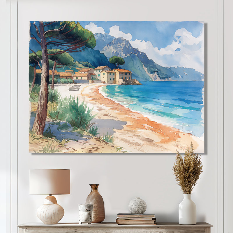 «Blue Green Italian Beachside Escape», art mural plage, H 24 po x l 32 po x P 1 po, Toile tendue