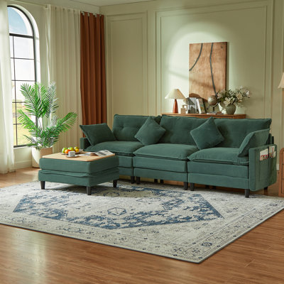 108" Comfy Corduroy Sectional Modular, 4-Piece Versatile Cloud Sofa with Coffee Table Ottoman, L-Shaped, Tool-free Assembly