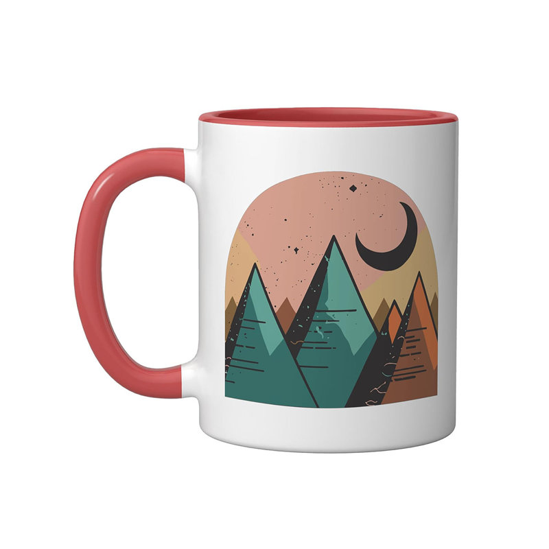 Minimalist Abstract Art Mountain Moon Geometric Ceramic Mug, 11oz, Red