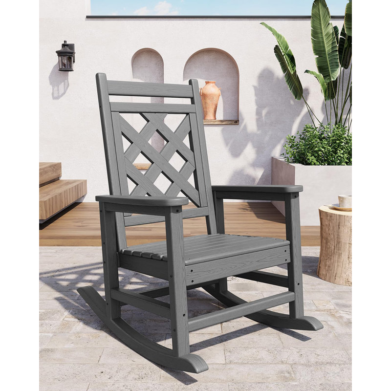 Outdoor Rocking Chair Set of 4, HDPE Weather Resistant Patio Rocking Chair Porch Rocker with Wood Texture & 380 LBS Support for Deck, Pool, Backyard, Gray