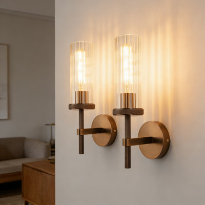 Ensemble de 2 appliques murales en verre à rayures verticales avec finition bronze moleté et luminaire câblé pour miroir de salle de bain, chambre à coucher, couloir et escalier