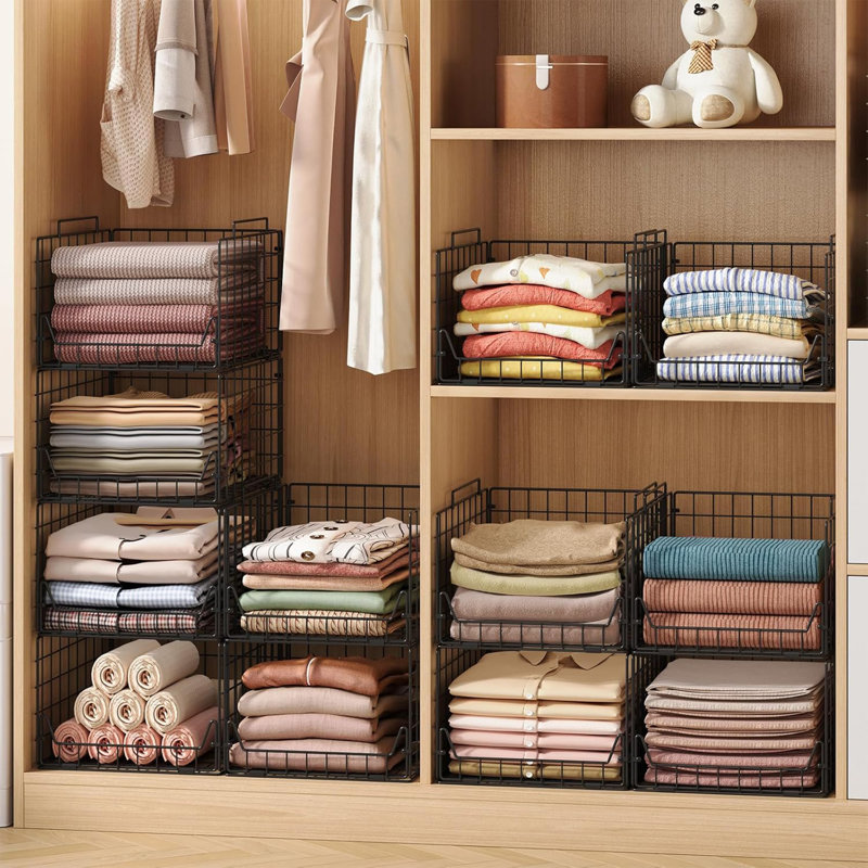 Stackable Metal Closet Organizer Bins, 4-Pack Black