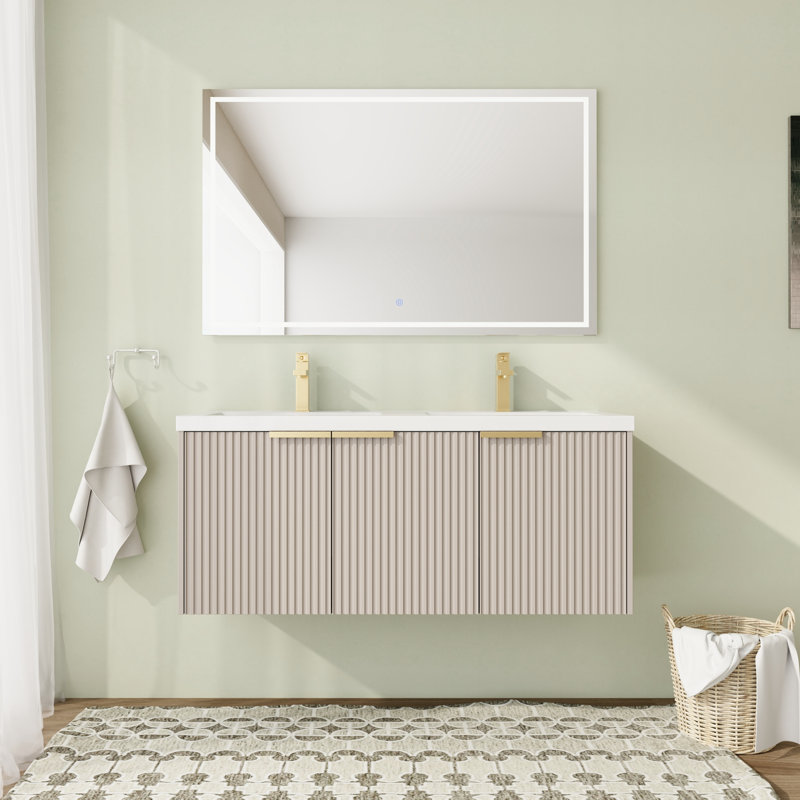 Meuble-lavabo flottant mural 48 po avec plateau en résine et porte à fermeture en douceur 48 po, Kaki