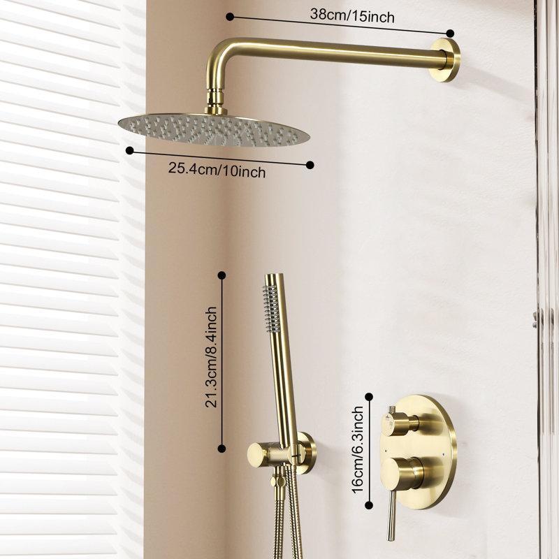 Système de douche mural, pomme de douche à pluie 10 "avec douchette, Or brossé