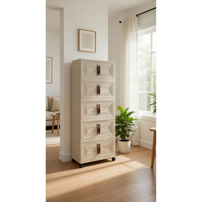 5-tier Storage Cabinet With Doors & Wheels, Stackable Folding Organizer, Space-saving Vertical Storage Unit For Bedroom, Living Room, Kitchen & Office