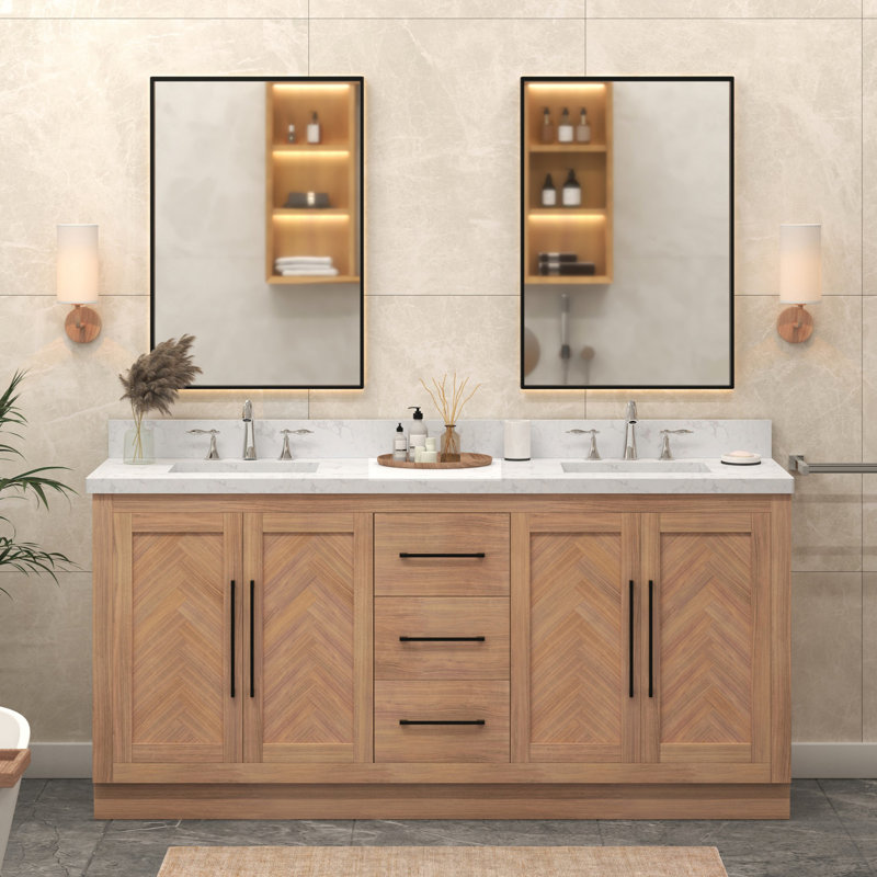 Vivian 72” Bathroom Vanity with Statuario Countertop, Light Brown