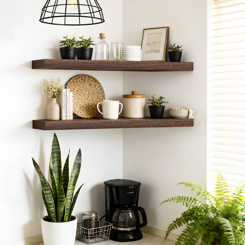 2 Pieces Floating Shelves, Wall Shelf Display Shelves for Living Room/Bedroom/Bathroom/Kitchen, Walnut