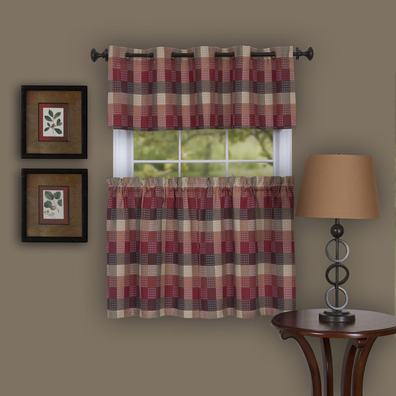 Woven Trends Adoxa Plaid Tailored Tier and Valance Window Curtain Set, Burgundy, 57" W x 24" L