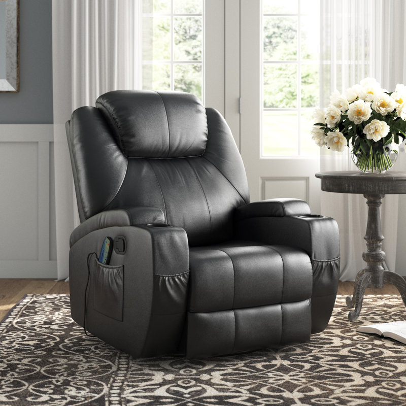 Fauteuil inclinable manuel / oscillant électrique de 34 po de large avec masseur Arrik, Similicuir noir