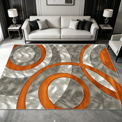 1PC Overlapping Circle Ring Burnt Orange Grey Silver Marble Abstract area rugs for Living Room, Soft and Comfortable, Suitable for all seasons, easy-to-maintain, machine washable Indoor floor mat, Under Table Farmhouse suitable for dining table,