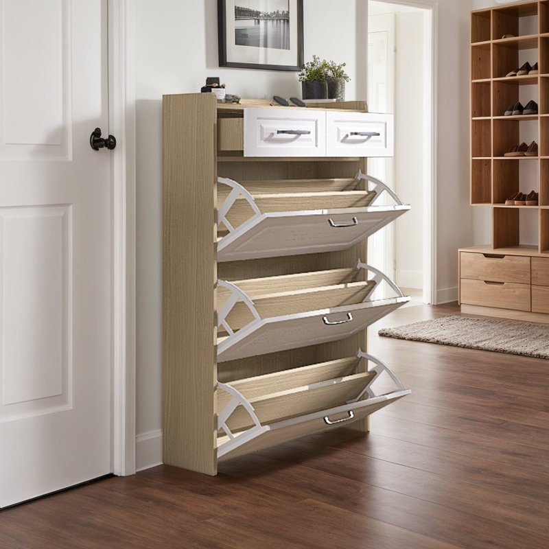 Multi Functional Narrow Flip Shoe Cabinet With 3 Doors 2 Drawers, Save Space, Suitable For Entryway And Corridors(oak Colour)